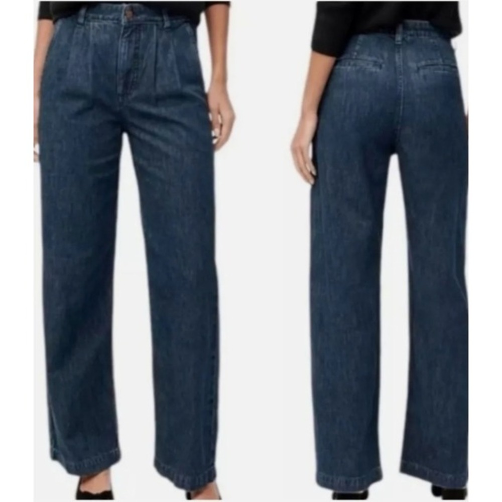 J.Crew Pleated Wide Leg Denim Trousers Dark Indigo Blue Size 31 High Rise Jeans